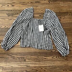 Black white gingham puff long sleeve Who what wear blouse new